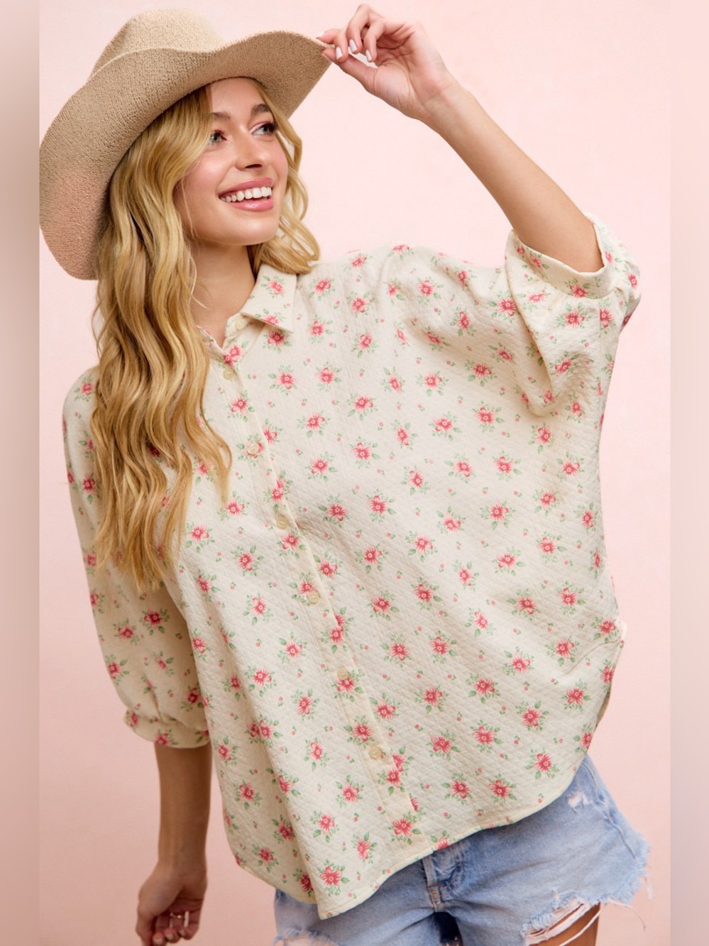BiBi Red Floral Print Short Dolman Sleeve Button Front Cotton Blouse Top NWT🛍️